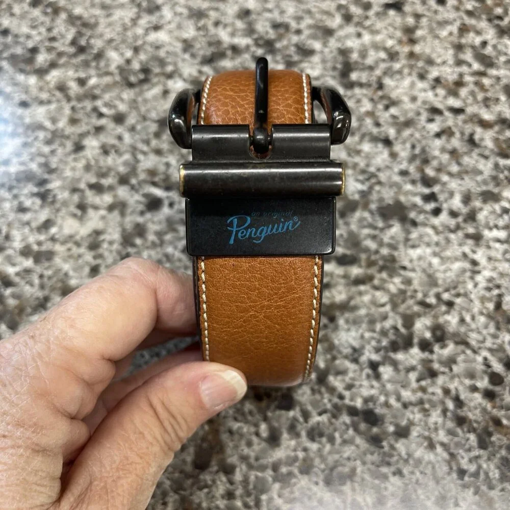 Original Penguin Mens LEATHER Navy /‎ Brown Reversible Belt US Size 32 With Logo
